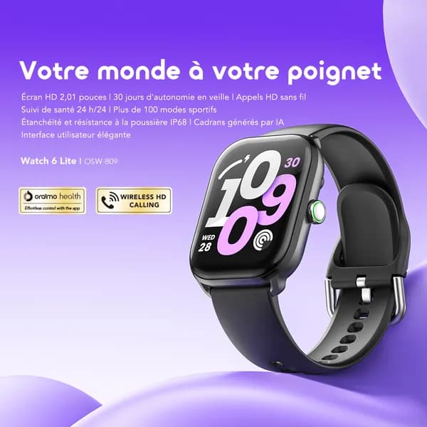 oraimo Watch 6 Lite Montre connectée de 2,01 pouces avec une interface utilisateur élégante